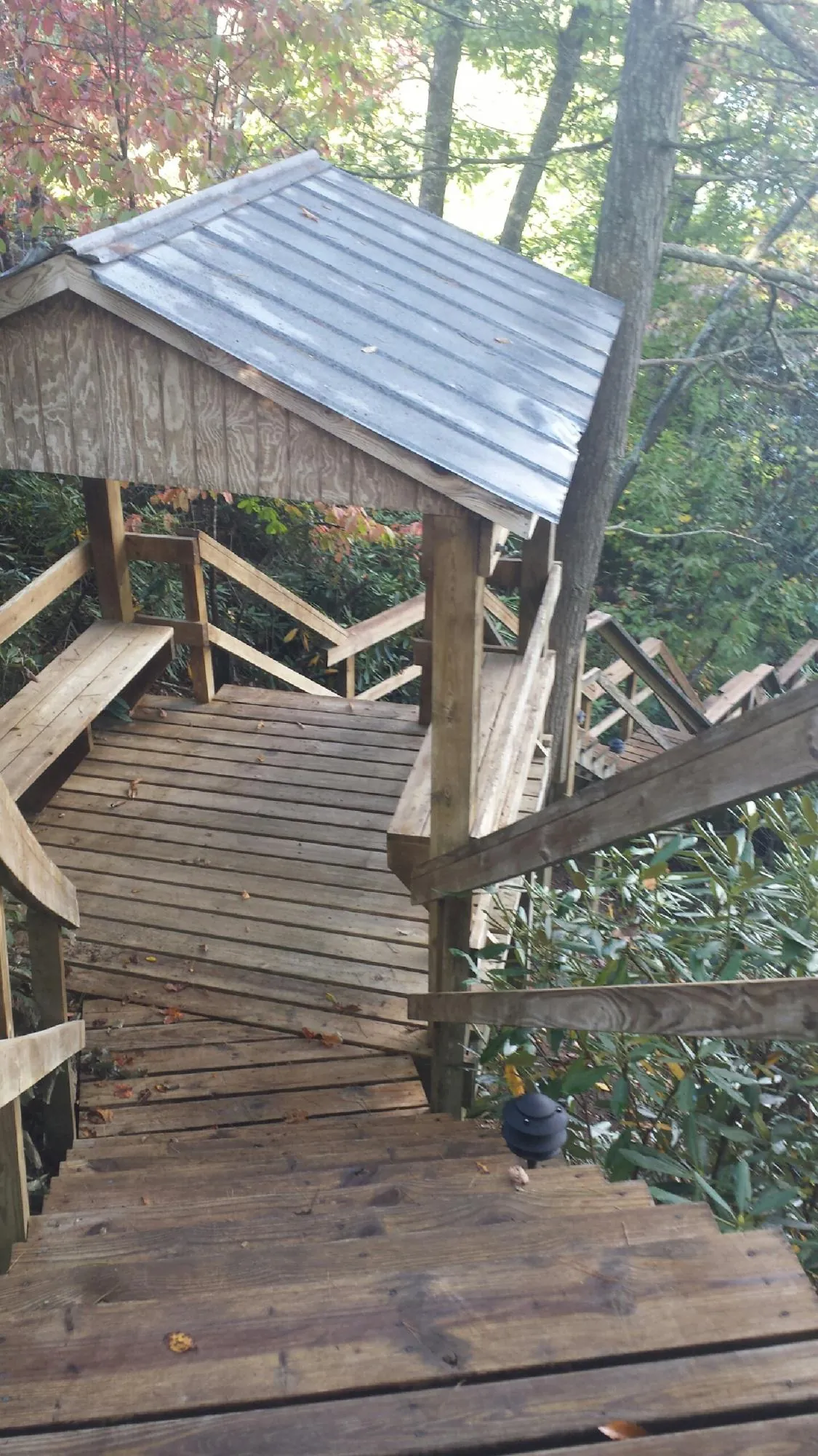 Metal roofed shelter over wooden steps on a wooded walkway — Skylight Repair & Installation work by our crew in Holdingford
